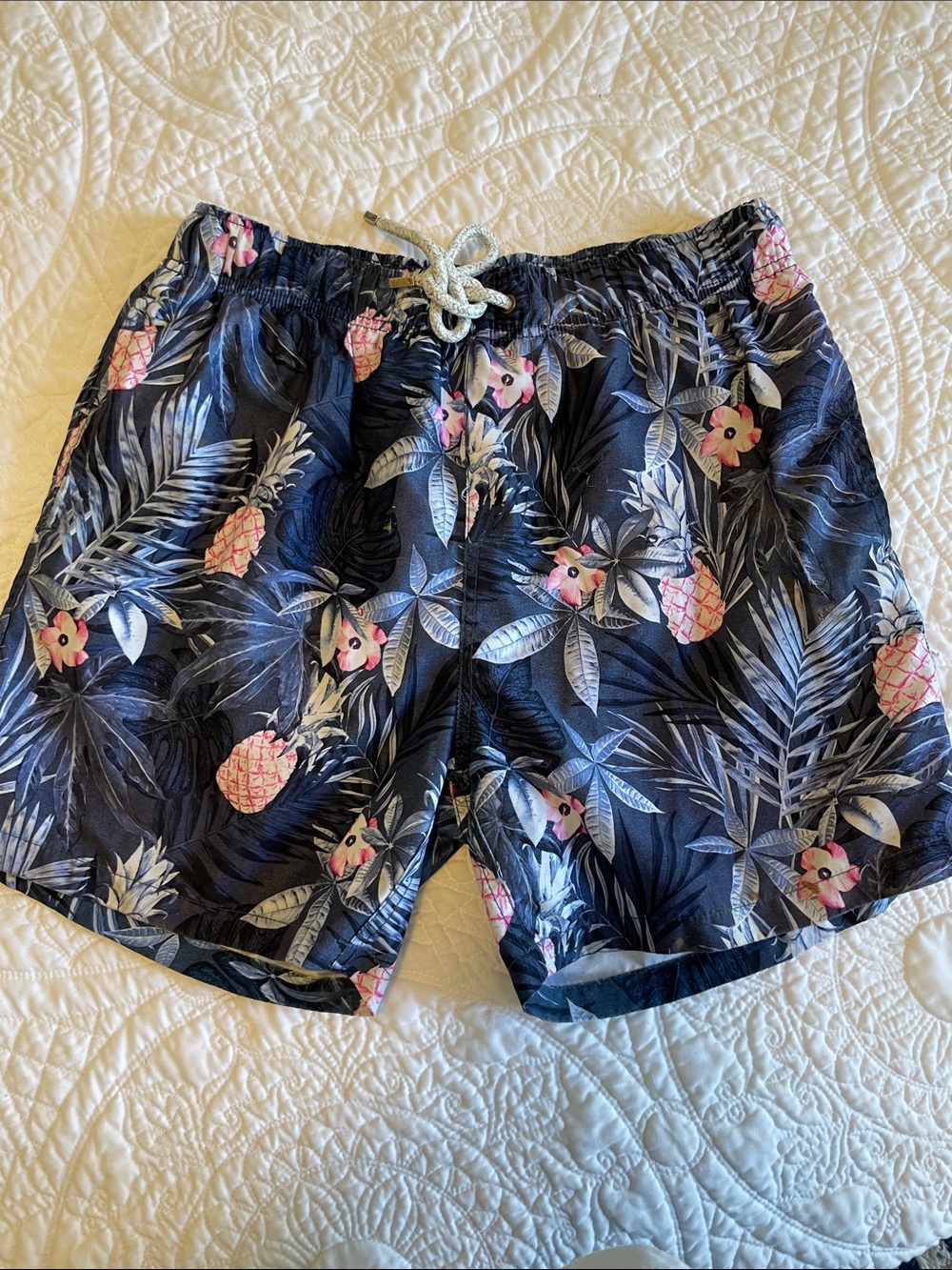 The Endless Summer  Navy Swim Trunks with Pink Pineapple & Gray Tropical Leaves